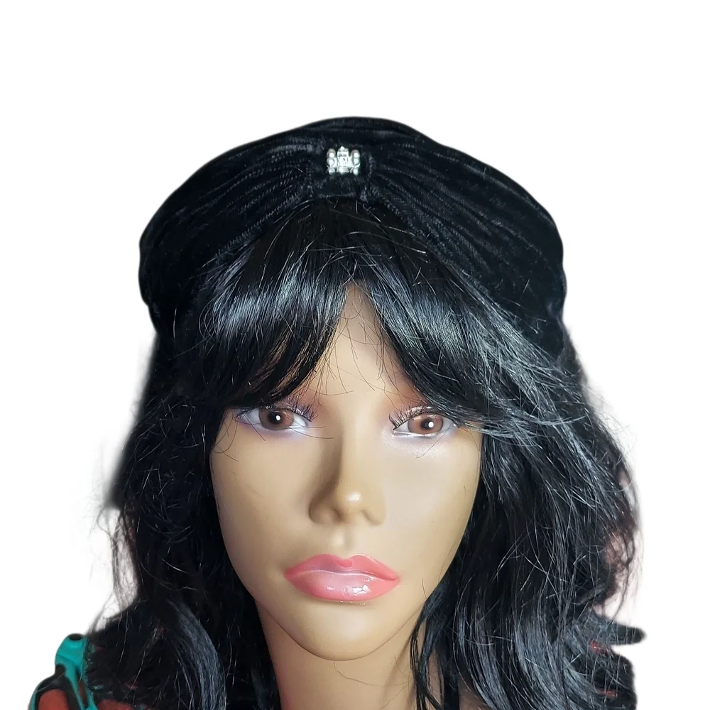Valerie Modes Vintage Black Velvet Hat With Rhinestone Beaded Centerpiece Brooch